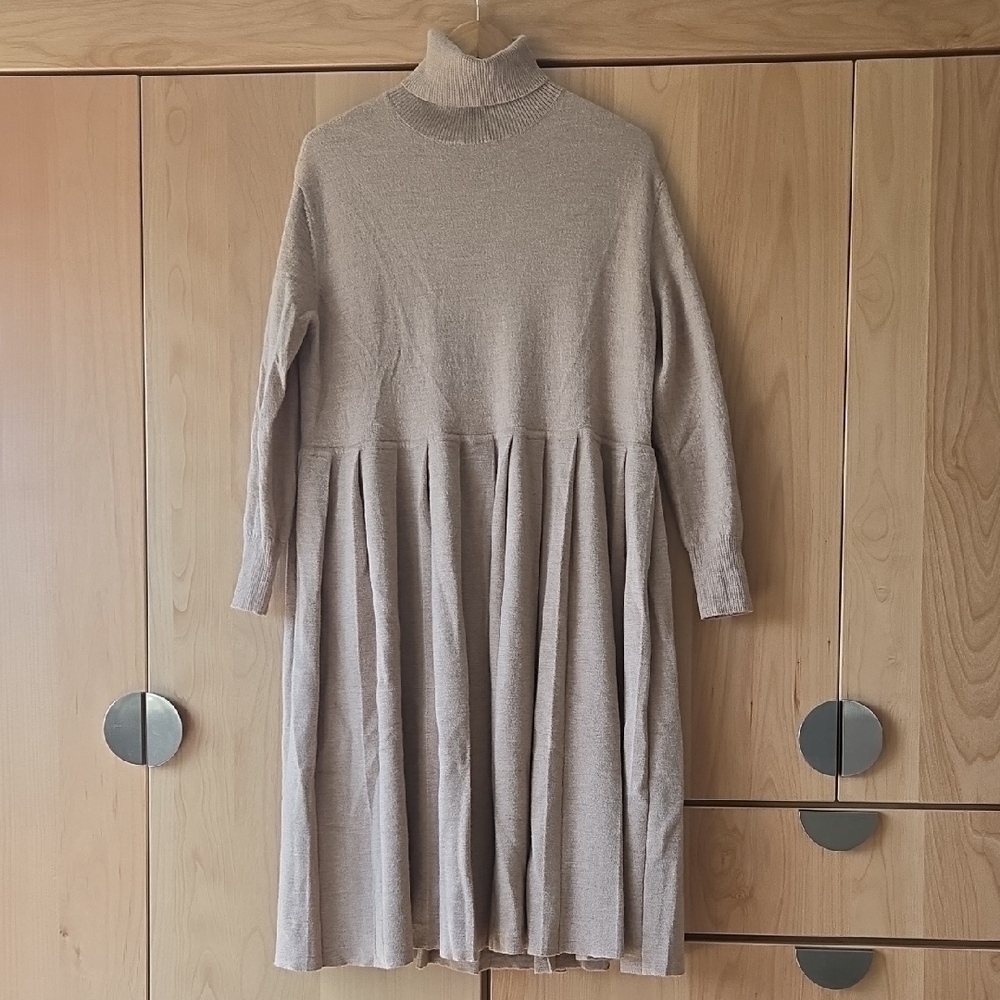 Lauren Manoogian Brown Cowl Neck A-Line Sweater Dress, Hygee, Scandi Style, EUC